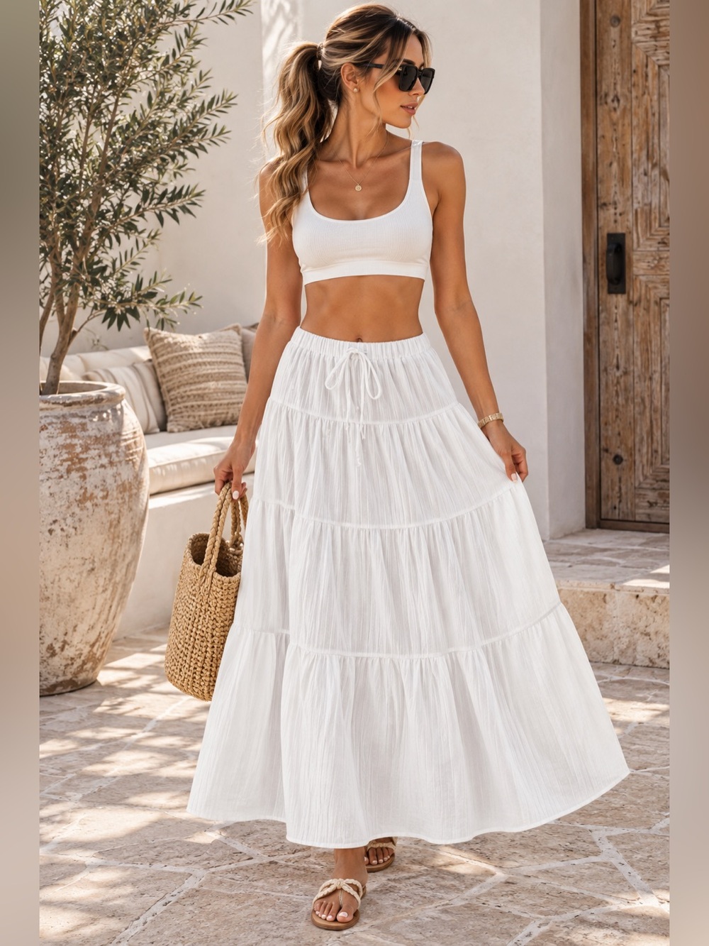 NWT - Derax Womens Boho Ruffle Maxi Skirt White Bridal Attire Bridal Outfit